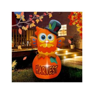 6FT Thanksgiving Inflatable Owl on Pumpkin with LED Light for Outdoor Yard Decorations