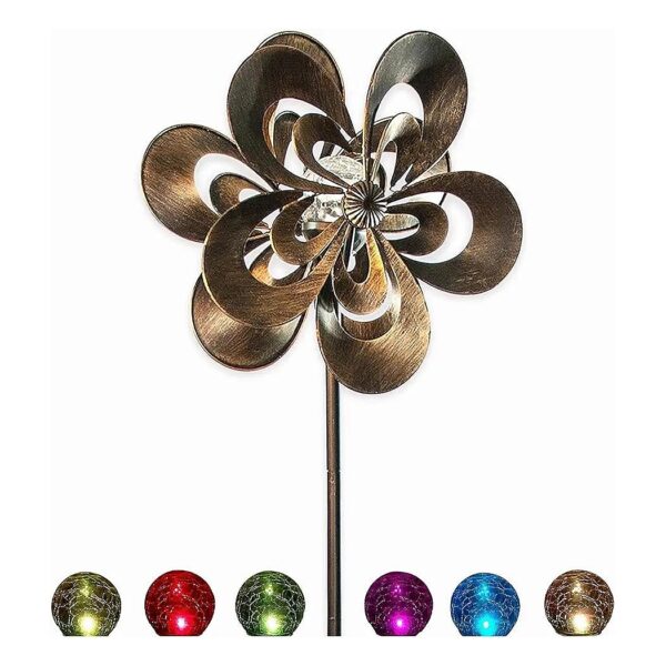 6ft Tall Metal Wind Spinner Kinetic Sculpture with Solar Powered Multi-Color LED Lighting