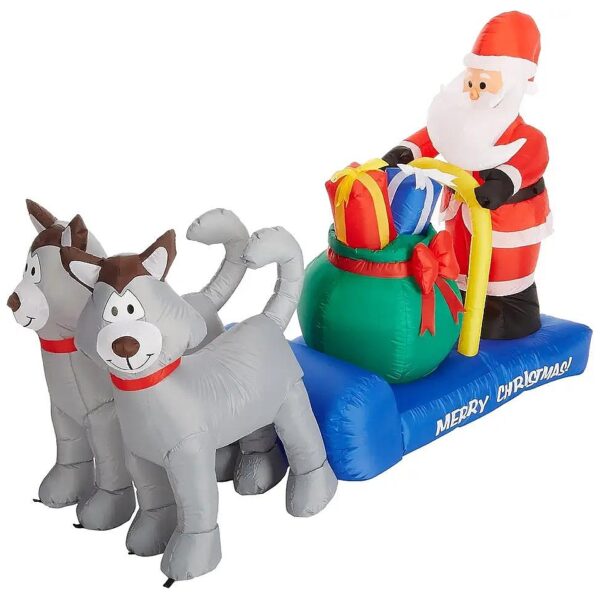 7 Foot Long Inflatable Christmas Santa Claus with Husky Dogs and Gift Bag LED Lights