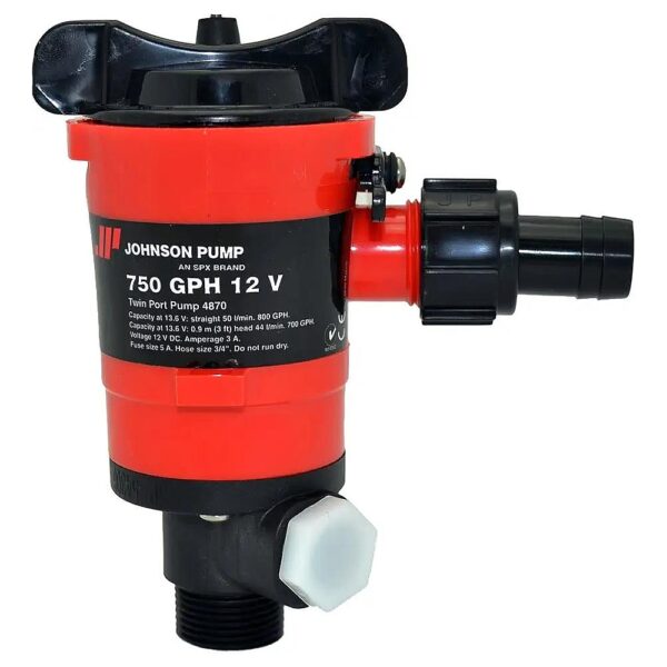 750 GPH Aerator Livewell Pump with Black Plastic Housing and Twin Outlets