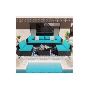 7-Piece Blue Patio Furniture Set with Modular Sofa, Tea Table, and Polyester Upholstery