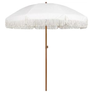 7ft Patio Umbrella with Fringe Outdoor Tassel Upf50+ Steel Pole and Ribs White Cream