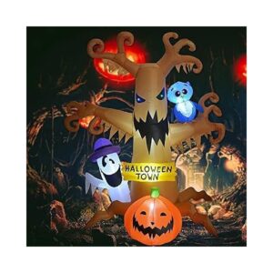 8FT Halloween Inflatable Ghost Tree with Pumpkin and Owl, LED Lighted Decoration