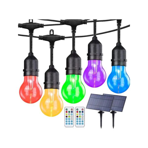 96FT Long Solar LED String Lights with Multicolor Bulbs and Dimmable Remote Control