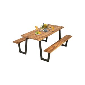 Acacia Wood 6ft Outdoor Dining Table Set with Metal Frame and Umbrella Hole