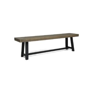 Acacia Wood Outdoor Bench with Sandblast Gray Finish and Black Legs