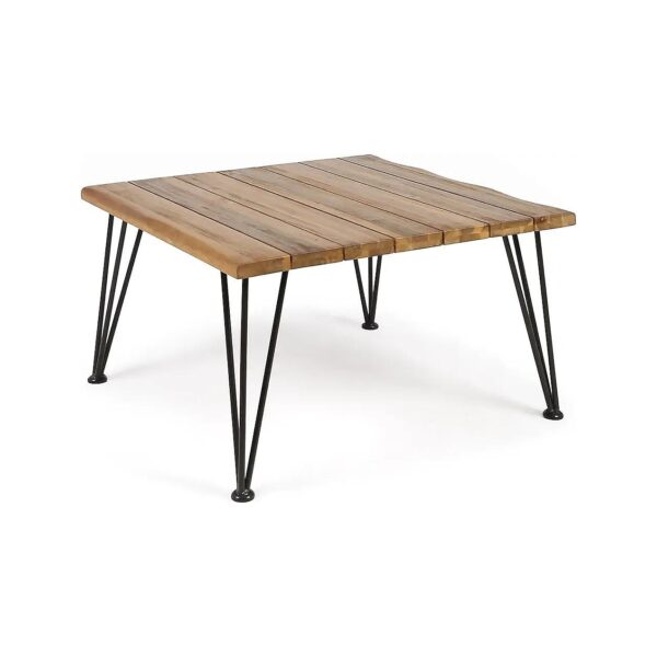 Acacia Wood Outdoor Table with Rustic Metal Frame and Teak Finish for Industrial Design