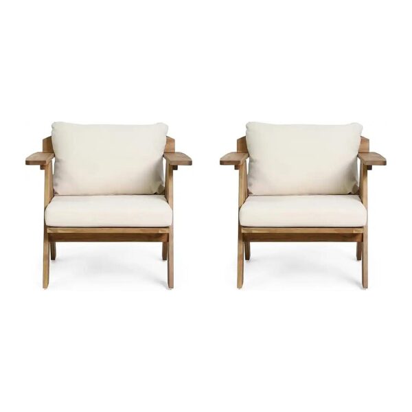 Acacia Wood Patio Club Chairs with Beige Water-Resistant Cushions, Set of 2