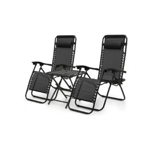 Adjustable Locking Zero Gravity Reclining Patio Lounge Chairs Set with Tray and Pillow