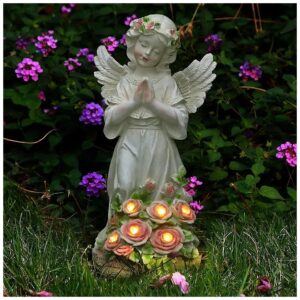 Angelic Solar Patio Decoration with Resin Statue and Lighted Wings