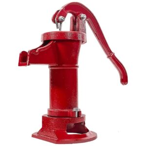 Antique Red Hand Operated Water Pump with Cast Iron Construction and Aluminum Internals