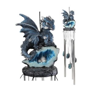 Aquamarine Dragon Guarding Crystal Geode Wind Chime Fantasy Garden Decor