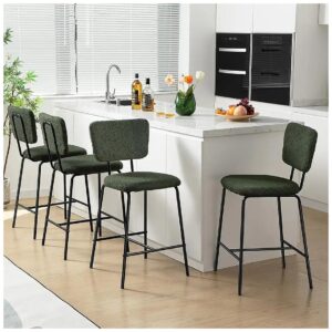 Bar Stools Set of 4 with Green Boucle Upholstery and Black Legs