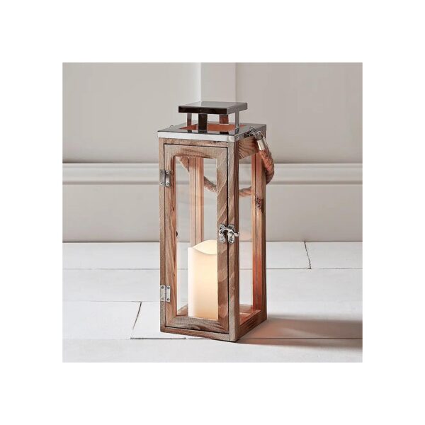 Battery Operated LED Candle Lantern with Rustic Wooden Design and Rope Handle