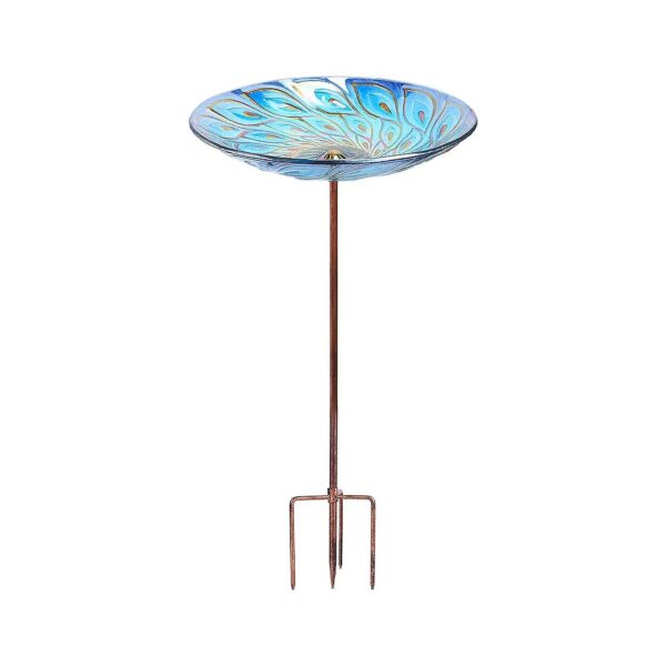 Beautiful Peacock Glass Bird Bath with Glass Bowl and Metal Stake