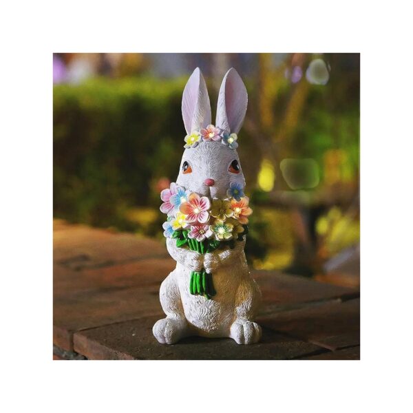 Beautiful Solar Powered Rabbit Statue with Holding Flowers and LED Lights for Home Garden