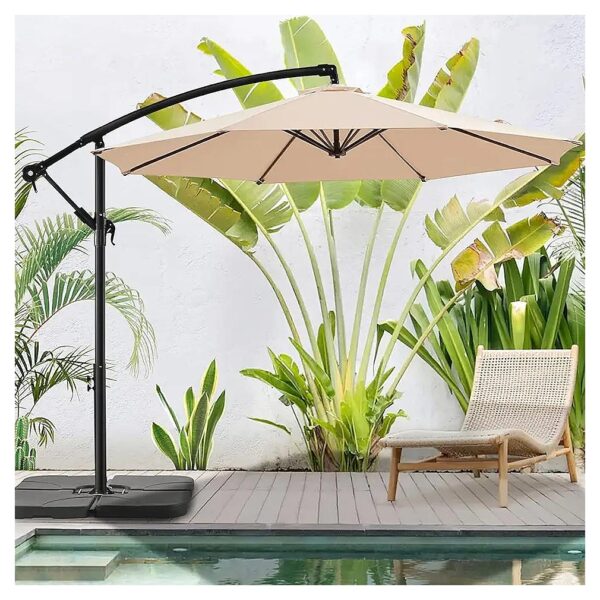 Beige 10 FT Patio Hanging Umbrella with Crank and Cross Bases for Indoor and Outdoor Use