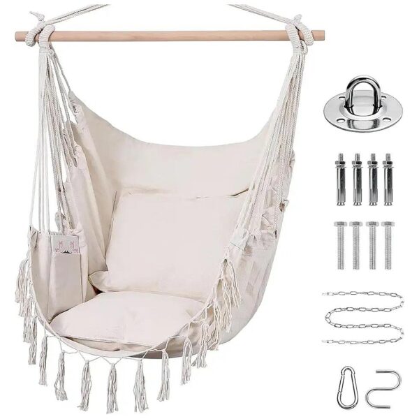 Beige Hanging Hammock Chair with Macrame Rope Frame and Comfy Cotton Fabric Cushions