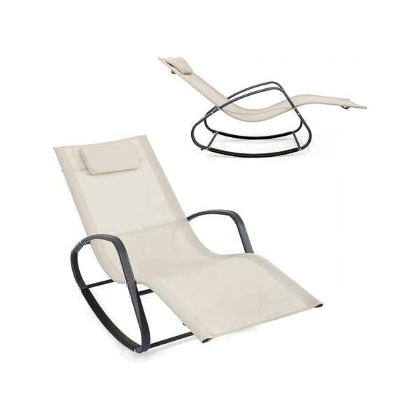 Beige Zero Gravity Rocking Chair with Adjustable Headrest and Extra Wide Arms