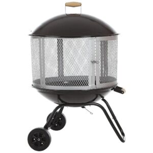 Big Wood Burning Fire Pit with Silver Painted Steel Fire Screen and Wheels