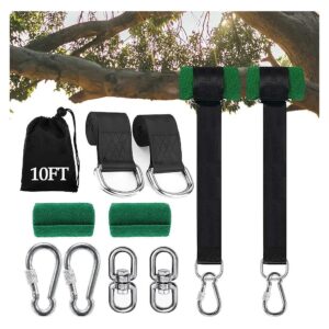 Black 10 Foot Tree Swing Straps Kit with Heavy Duty Carabiner and Swivel for Outdoor Use