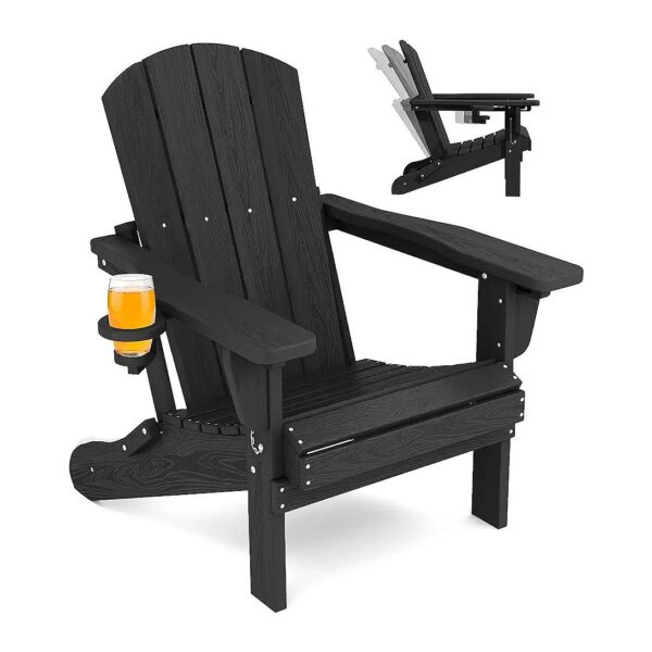 Black Adjustable Folding Adirondack Chair with 3 Recline Positions and Cup Holder