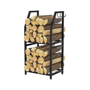 Black Firewood Rack with 2-Tier Design and 3 Hooks for Outdoor and Indoor Use