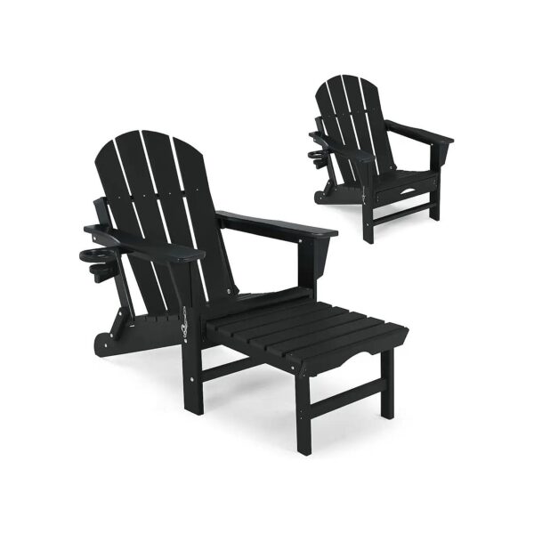 Black Folding Outdoor Chair with Retractable Footstool and Wide Armrests for Comfort