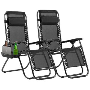 Black Folding Reclining Lounge Chair with Pillows and Adjustable Cup Trays