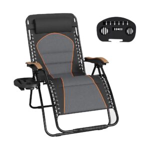 Black Grey Oversized Padded Zero Gravity Chair with Cup Holder Tray