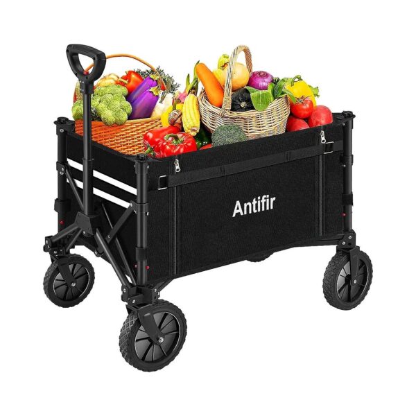 Black Heavy Duty Collapsible Wagon with All-Terrain Wheels for Grocery and Recreation