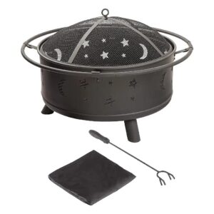 Black Metal Fire Pit with Screen and Accessories for Backyard, Patio, or Deck Use