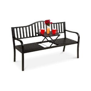 Black Metal Outdoor Garden Bench with Spacious Seat and Adjustable Table