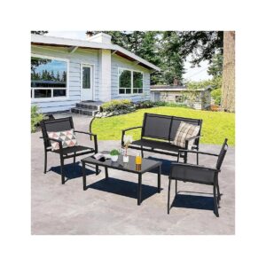 Black Outdoor Patio Furniture Set with Glass Coffee Table Textile Fabric Loveseat Chairs