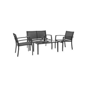 Black Outdoor Patio Furniture Set with Glass Coffee Table for Backyard Poolside and Lawn