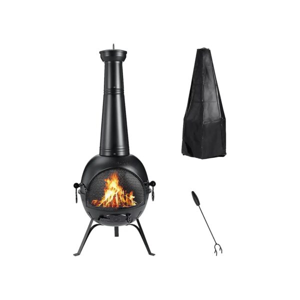 Black Round Metal Solid Iron Traditional Wooden Fire Pit with Chiminea Cover