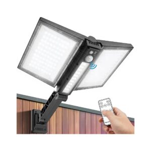 Black Solar-Powered Floodlight for House, Garage, and Barn with Motion Sensor and Remote