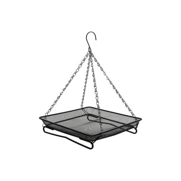 Black Steel Mesh Bird Feeder Tray with Hanging Chain and Ground Mounting