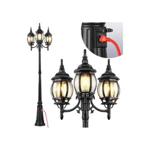 Black Triple Head Outdoor Lamp Post with Outlet and Modern Aluminum Lighting Fixture