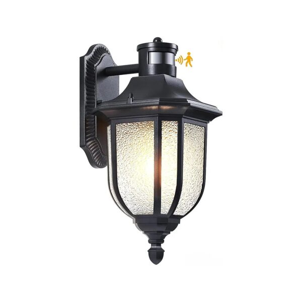 Black Wall Lantern with Motion Sensor and Frosted Glass for Farmhouse-Style Decor