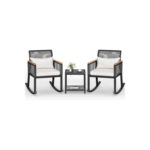 Black Wicker Patio Rod Rocking Chair Set with Soft Cushions for Outdoor Living