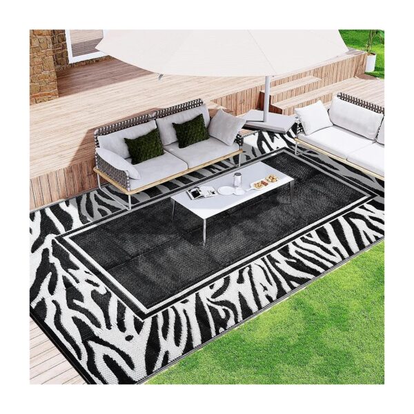 Black and White Zebra Print Plastic Straw Outdoor Rug for Patio Deck Balcony Porch