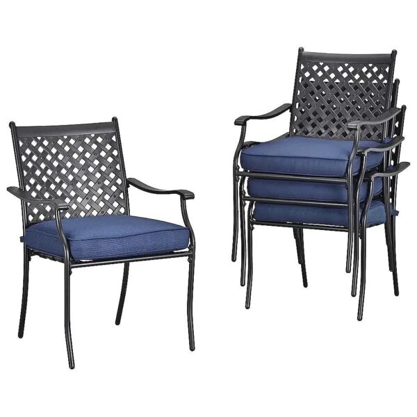 Blue Metal Wrought Iron Patio Dining Chair Set with Cushioned Seats and Armrests