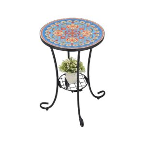 Blue Mosaic Patio Side Table with Glass Top and Metal Frame