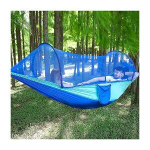 Blue Nylon Parachute Hammock with Quick Open Mosquito Net and Carabiners