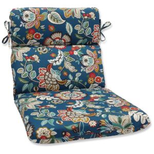 Blue Tan Telfair Floral Patterned 1 Piece Round Corner Chair Seat Cushion with Ties