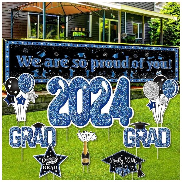 Blue Waterproof Grad Yard Signs and Banner for Class of 2024 Graduation Party Decoration