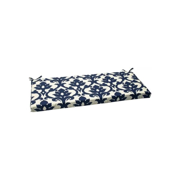 Blue White Basalto Damask Patterned Bench Swing Cushion with Ties Indoor Outdoor 18 x 45