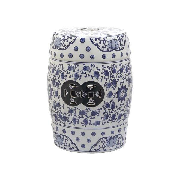 Blue and White Ceramic Garden Stool for Patio or Sunroom Use