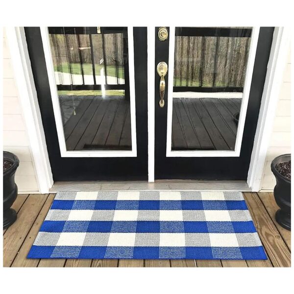 Blue and White Plaid Cotton Area Rug for Bathroom Kitchen Living Room Entryway